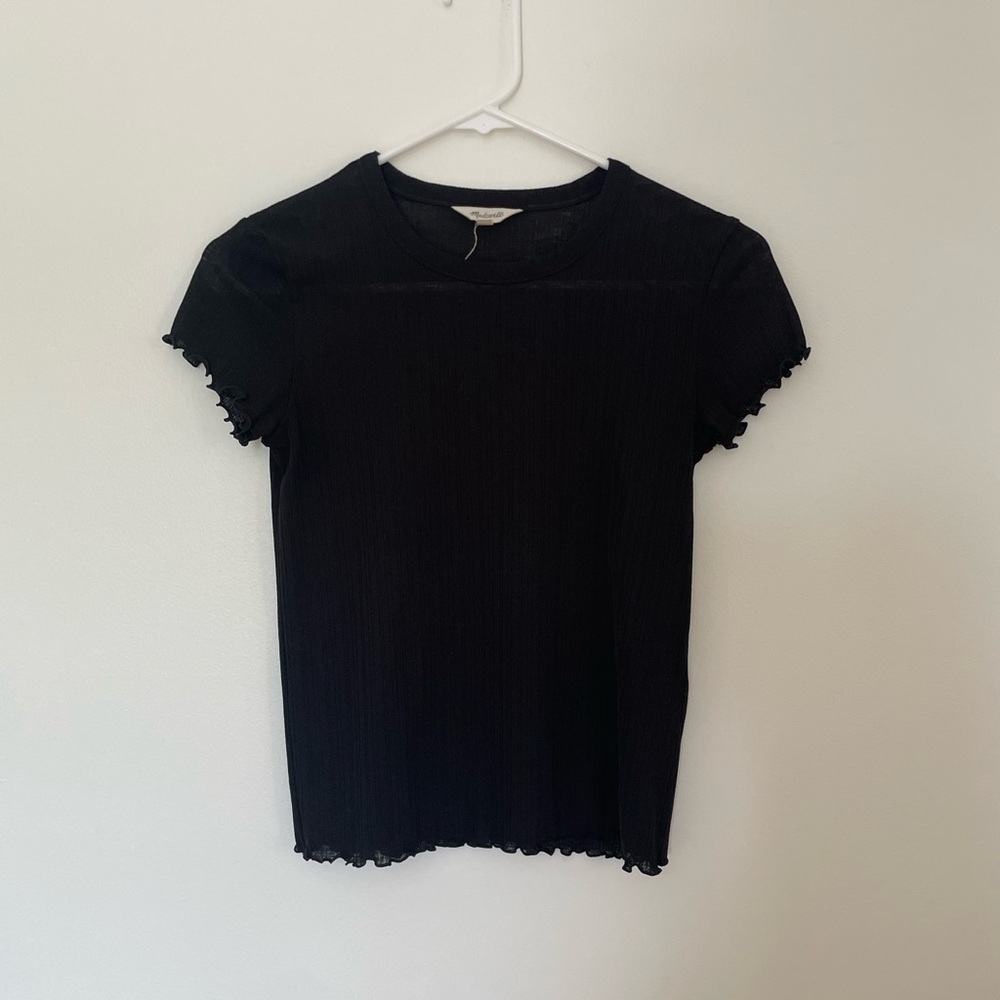 Madewell Black Short Sleeve Top with Ruffled Edges